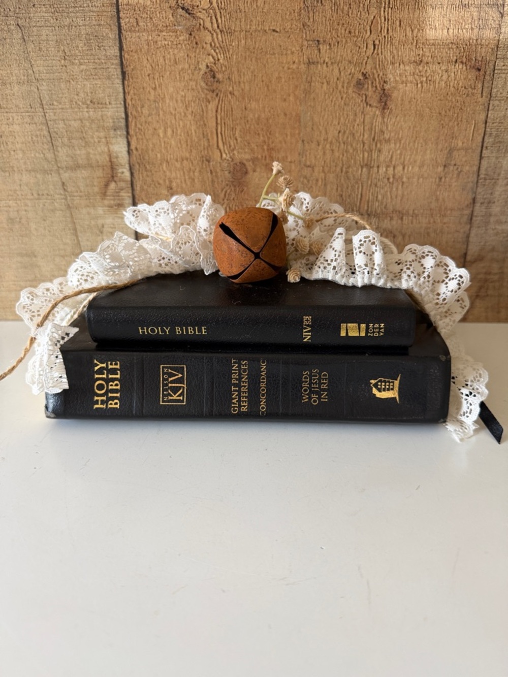 Black Leather Holy Bible Bundle Book Stack with Lace Trim, Jute & a Rustic Bell